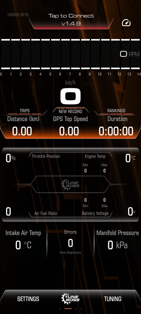 TuneBoss app main dashboard with TRIPS highlighted